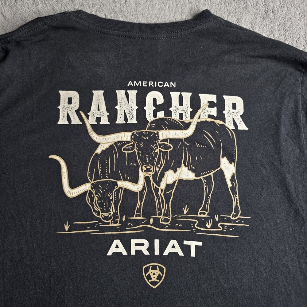 Ariat American Rancher Shirt Mens Large Black Bull Print Short Sleeve T-Shirt